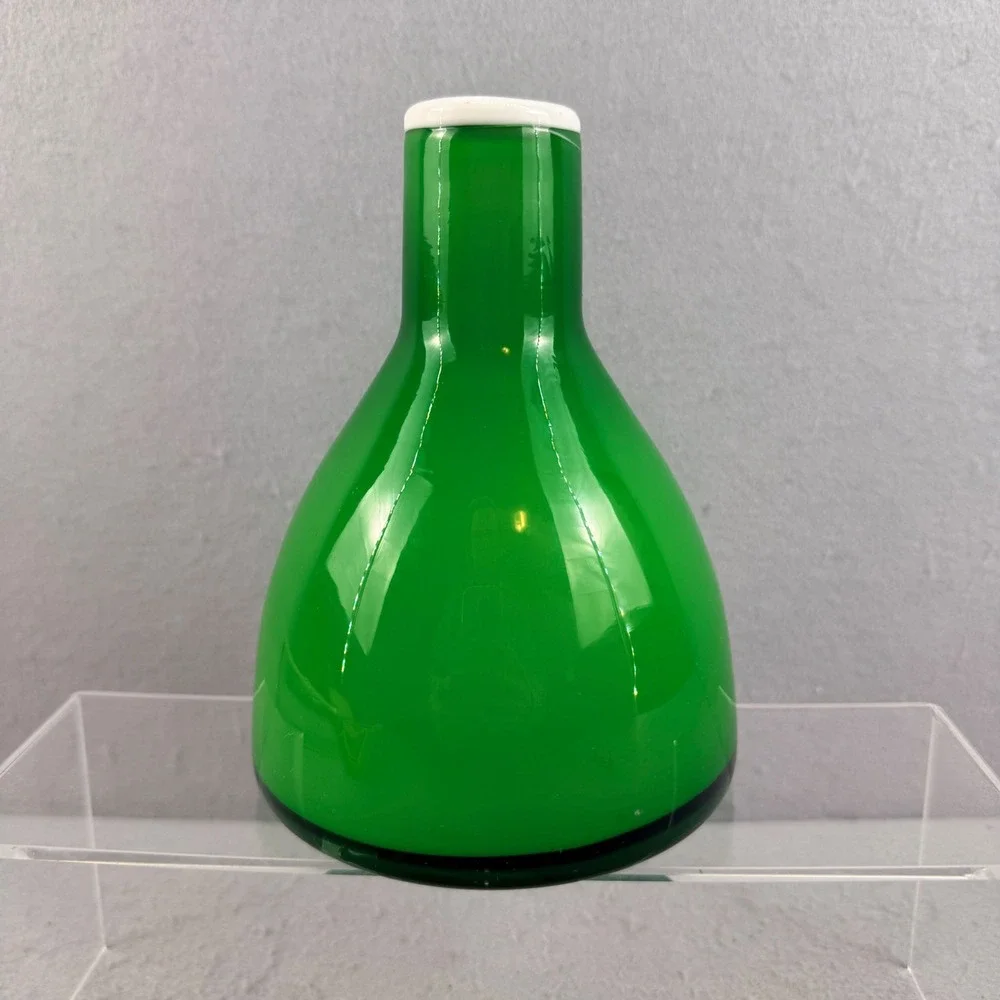 Vintage Mid Century Emerald Green Cased Glass Vase White‎ Rim 6 Inch MCM Decor